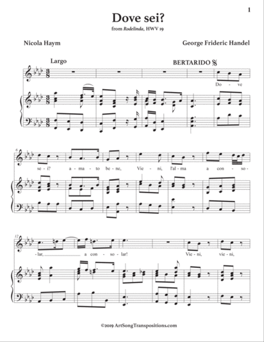 HANDEL: Dove sei? (transposed to A-flat major) Voice scores gallery preview page 2