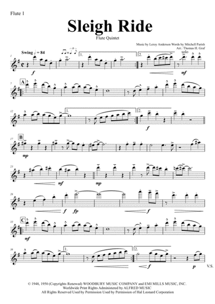 Sleigh Ride - Easy Swing - Flute Quintet