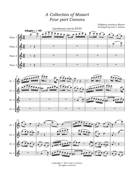 A Collection of Mozart Four Part Canons for Flute Quartet image number null