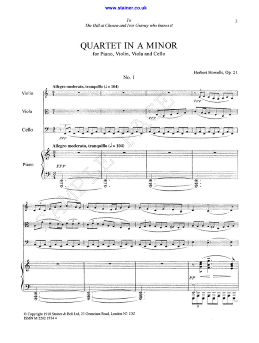 Quartet in A minor, Op. 21. Violin, Viola, Cello and Piano