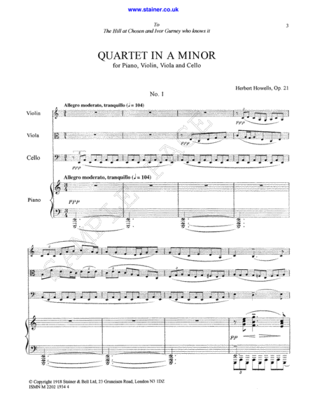 Quartet in A minor, Op. 21. Violin, Viola, Cello and Piano