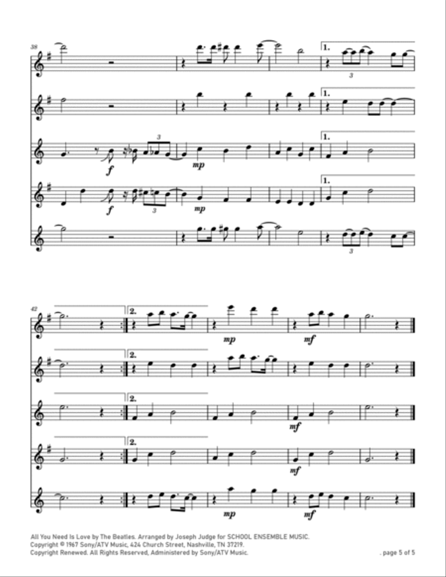 All You Need Is Love Saxophone Quartet scores gallery preview page 5