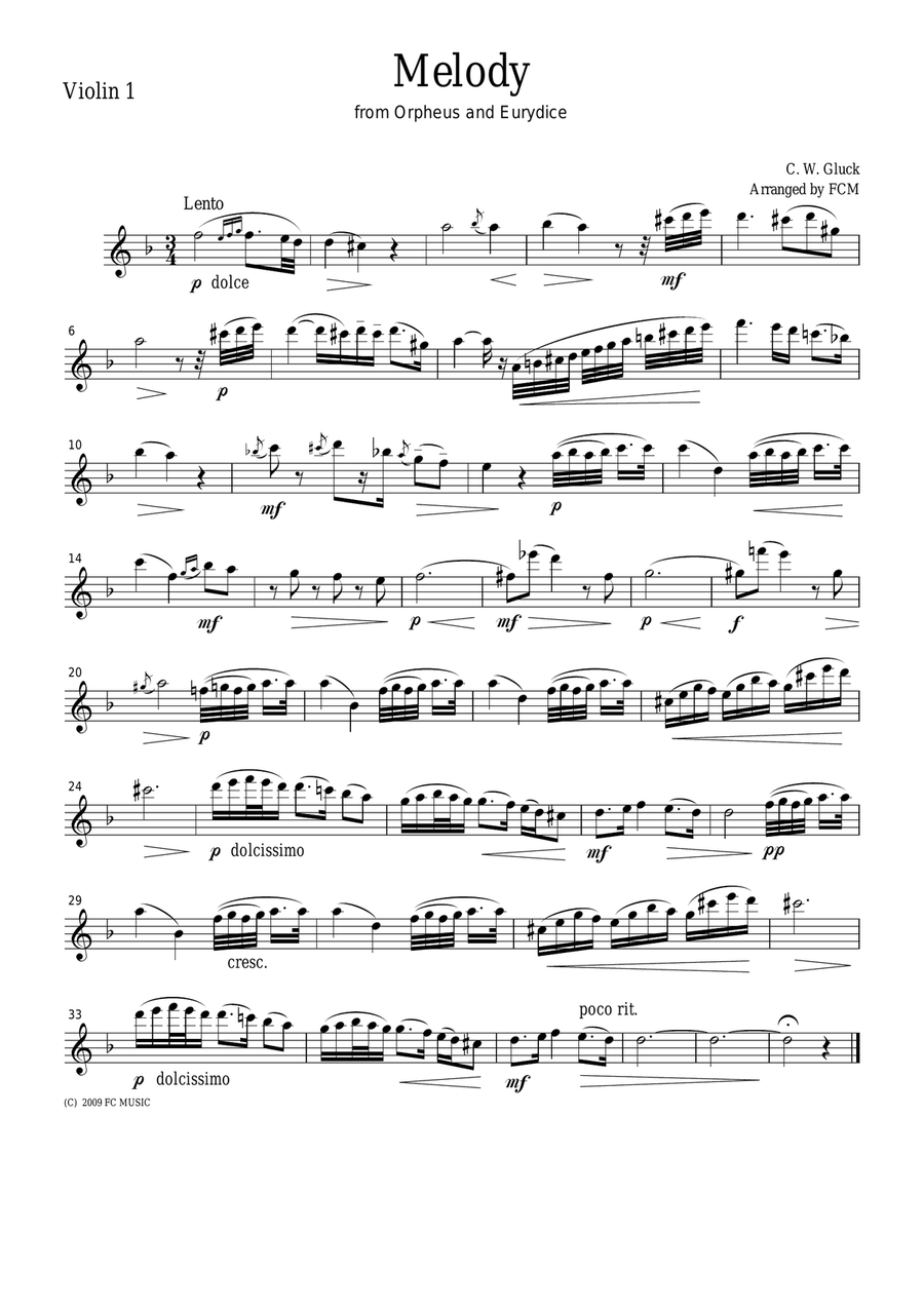 Gluck Melody from Orpheus and Eurydice, for string quartet, CG302 String Quartet scores gallery preview page 1