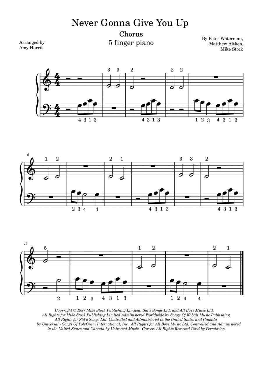 Never Gonna Give You Up Easy Piano scores gallery preview page 1