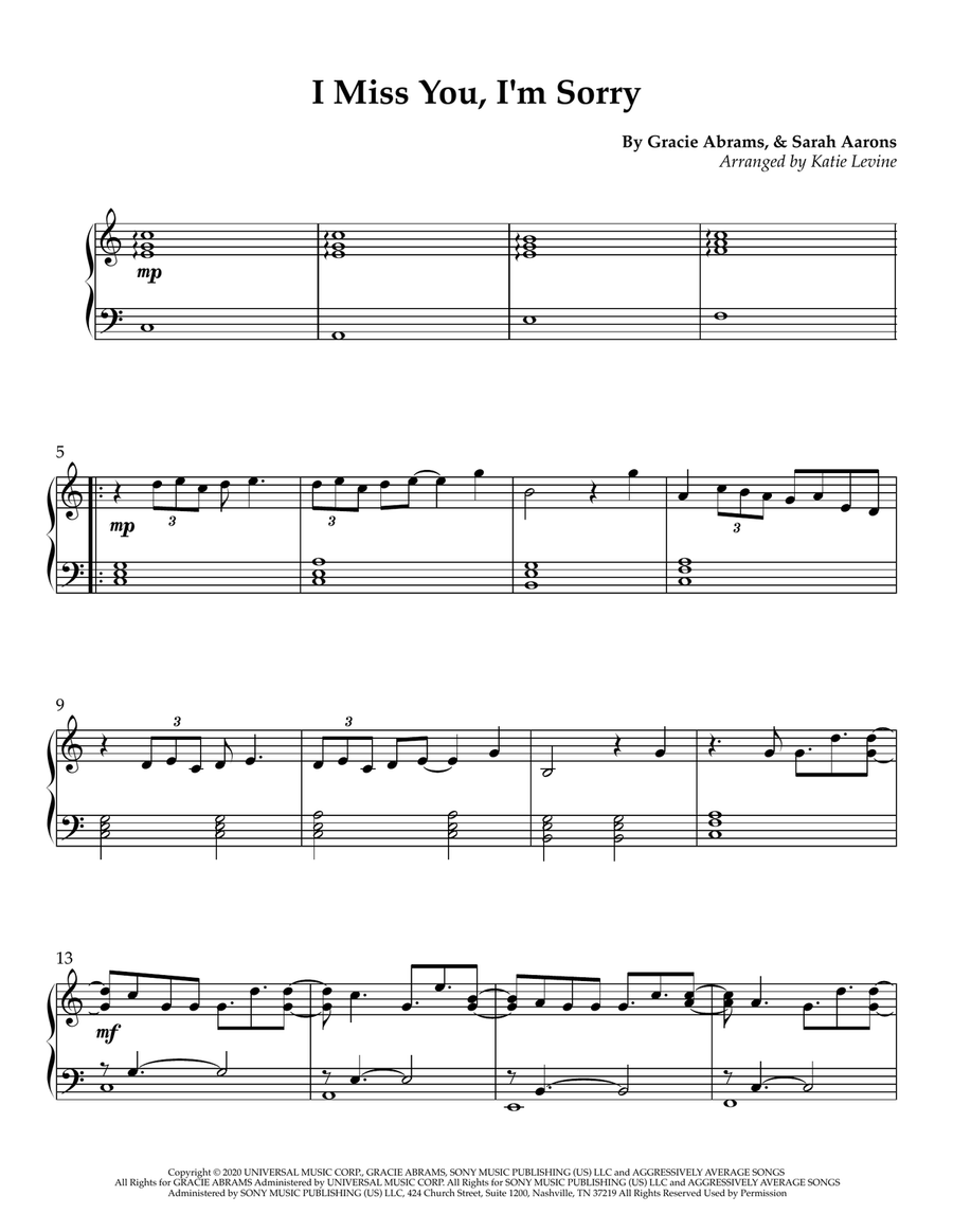 I Miss You, I'm Sorry I Miss You, I'm Sorry Easy Piano scores gallery preview page 1