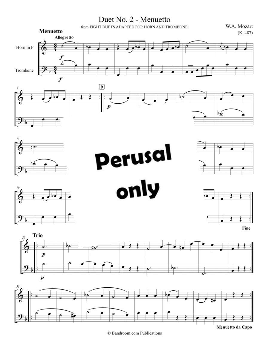 “Duet No. 2 - Menuetto” from EIGHT DUETS ADAPTED FOR HORN AND TROMBONE Brass Duet scores gallery preview page 1