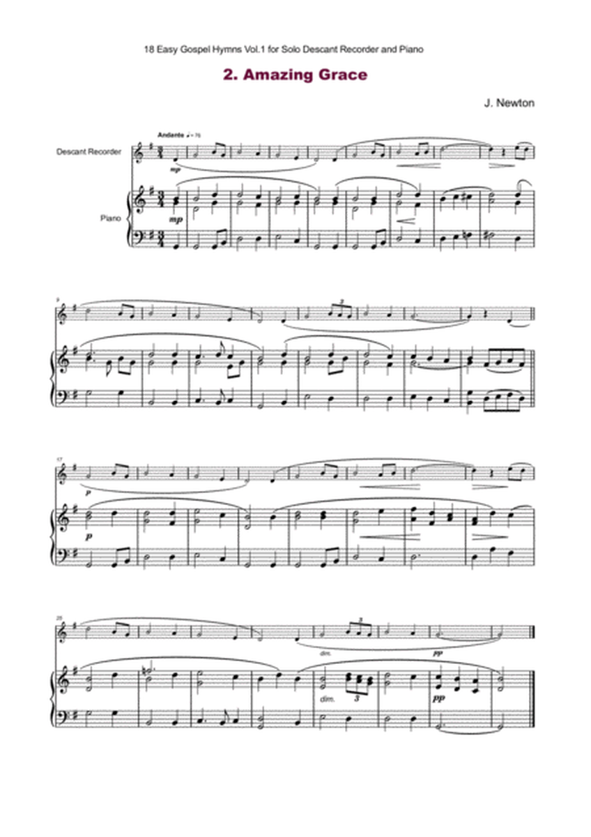 18 Gospel Hymns Vol.1 for Solo Descant Recorder and Piano