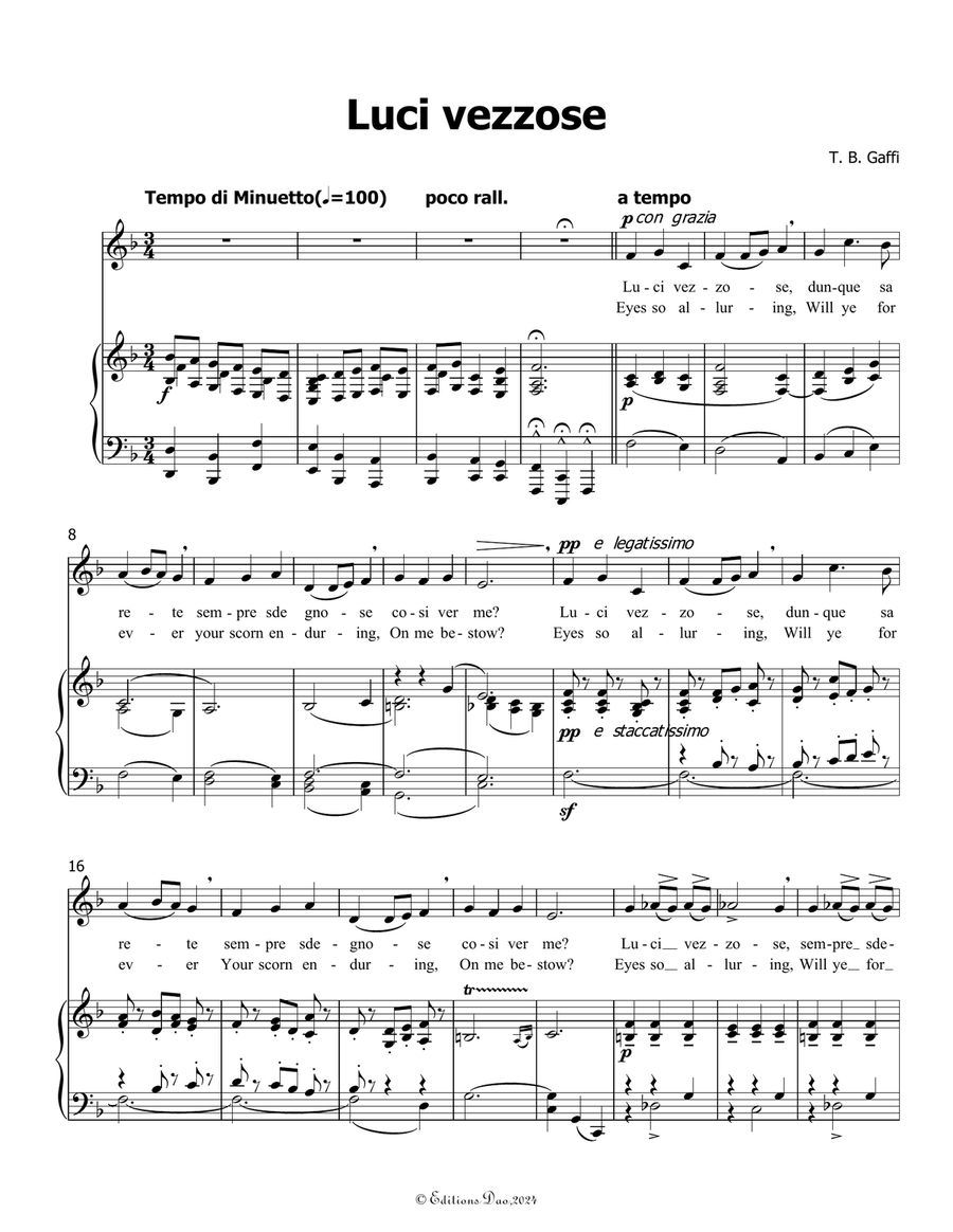 Luci vezzose, by Gaffi Tommaso Bernardo, in F Major Piano, Vocal scores gallery preview page 3