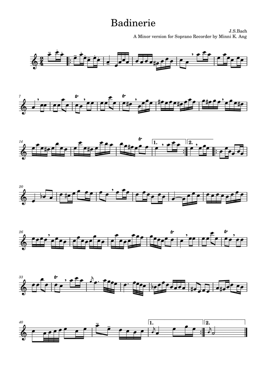 Badinerie in A Minor Soprano Recorder scores gallery preview page 1