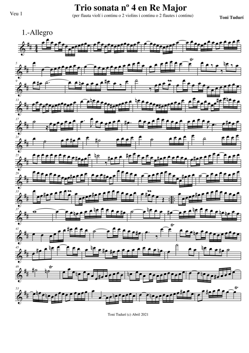 Trio sonata nº4 in D Major for flute, violin & cello or 2 violins & cello and basso continuo (PARTS image number null