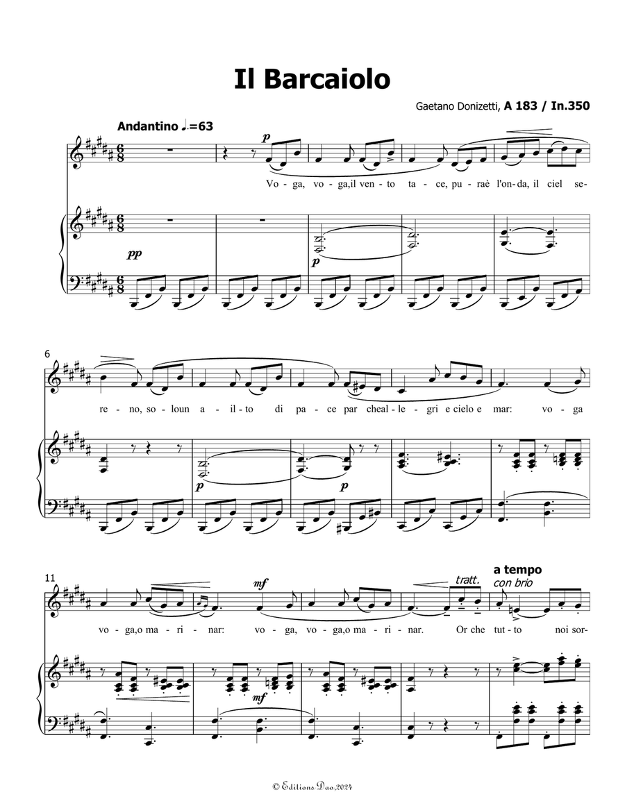 Il Barcaiolo, by Donizetti, in B Major Piano, Vocal scores gallery preview page 3