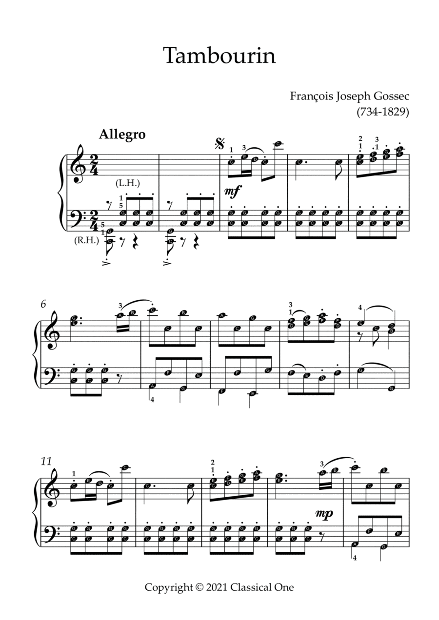 Gossec - Tambourin(With Note name) Easy Piano scores gallery preview page 1