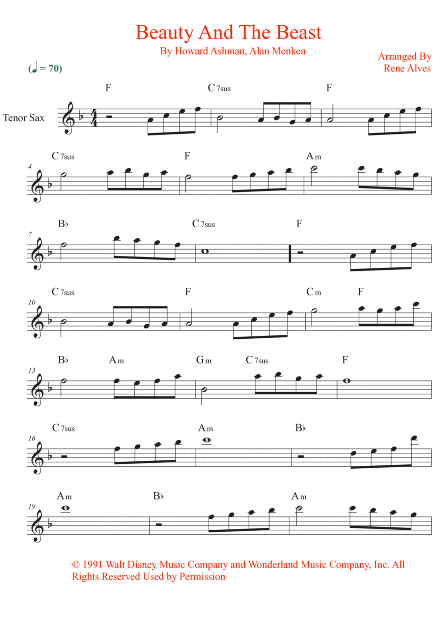 Beauty And The Beast Beauty And The Beast Tenor Saxophone scores gallery preview page 1