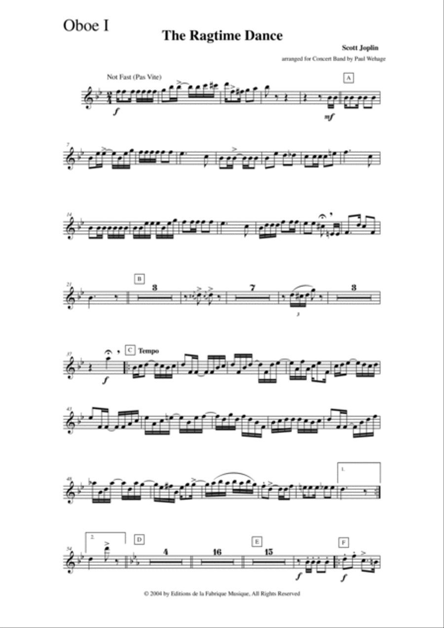 Scott Joplin: The Ragtime Dance, arranged for concert band by Paul Wehage: oboe 1 part Concert Band scores gallery preview page 2