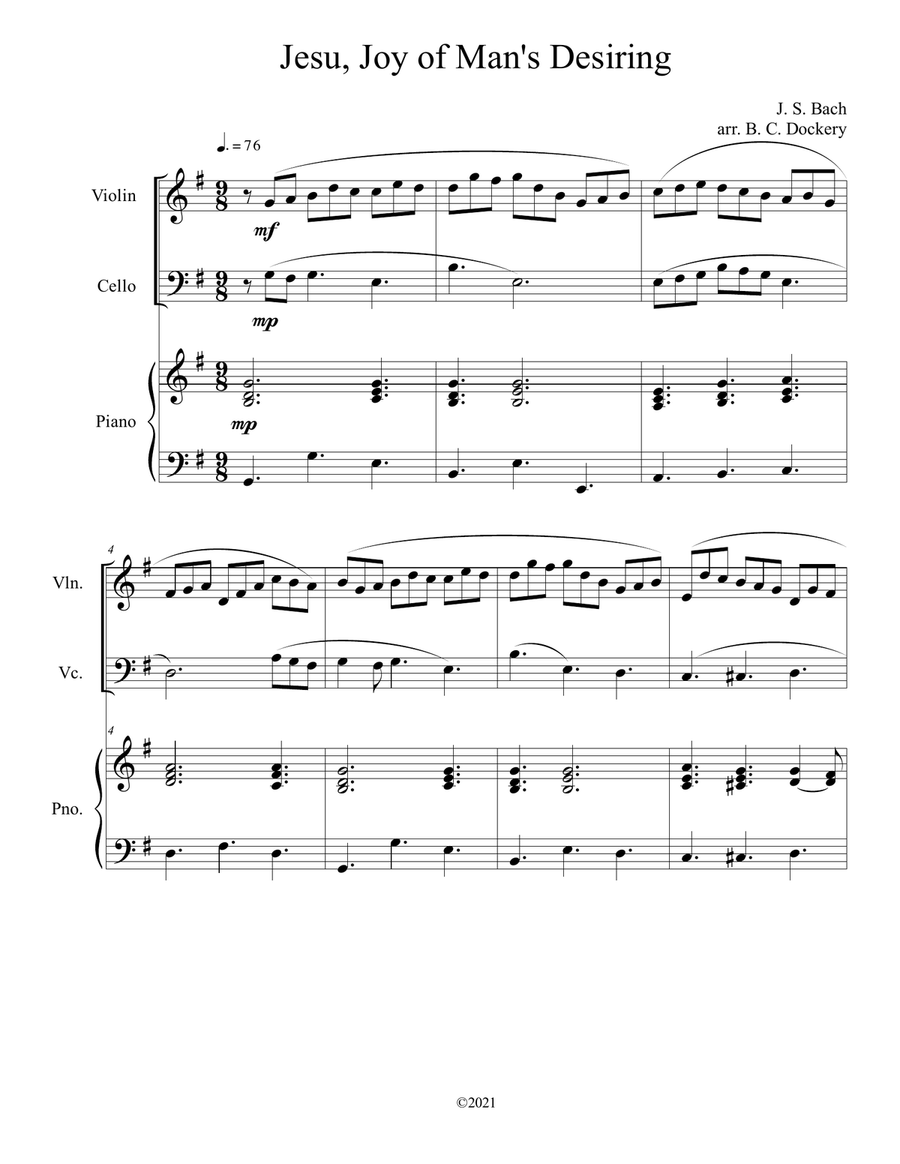 Jesu, Joy of Man's Desiring (Violin and Cello Duet) with optional piano accompaniment Piano Trio scores gallery preview page 1