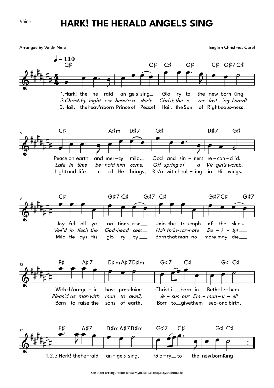 Hark! The Herald Angels Sing - Leadsheet in C-sharp Major with Lyrics and Chords Piano scores gallery preview page 1