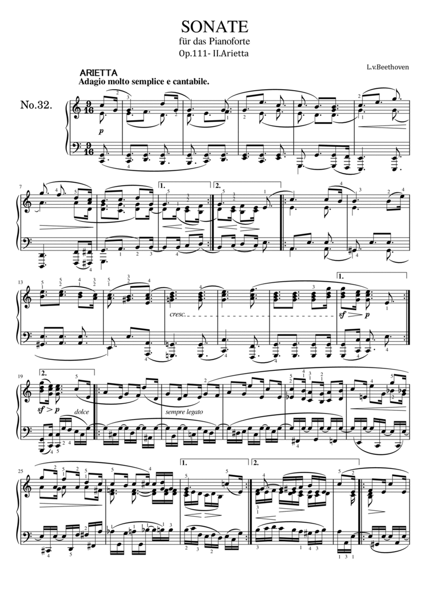Beethoven - Piano Sonata No.32 Op.111 - II. Arietta - Original With Fingered For Piano Solo image number null