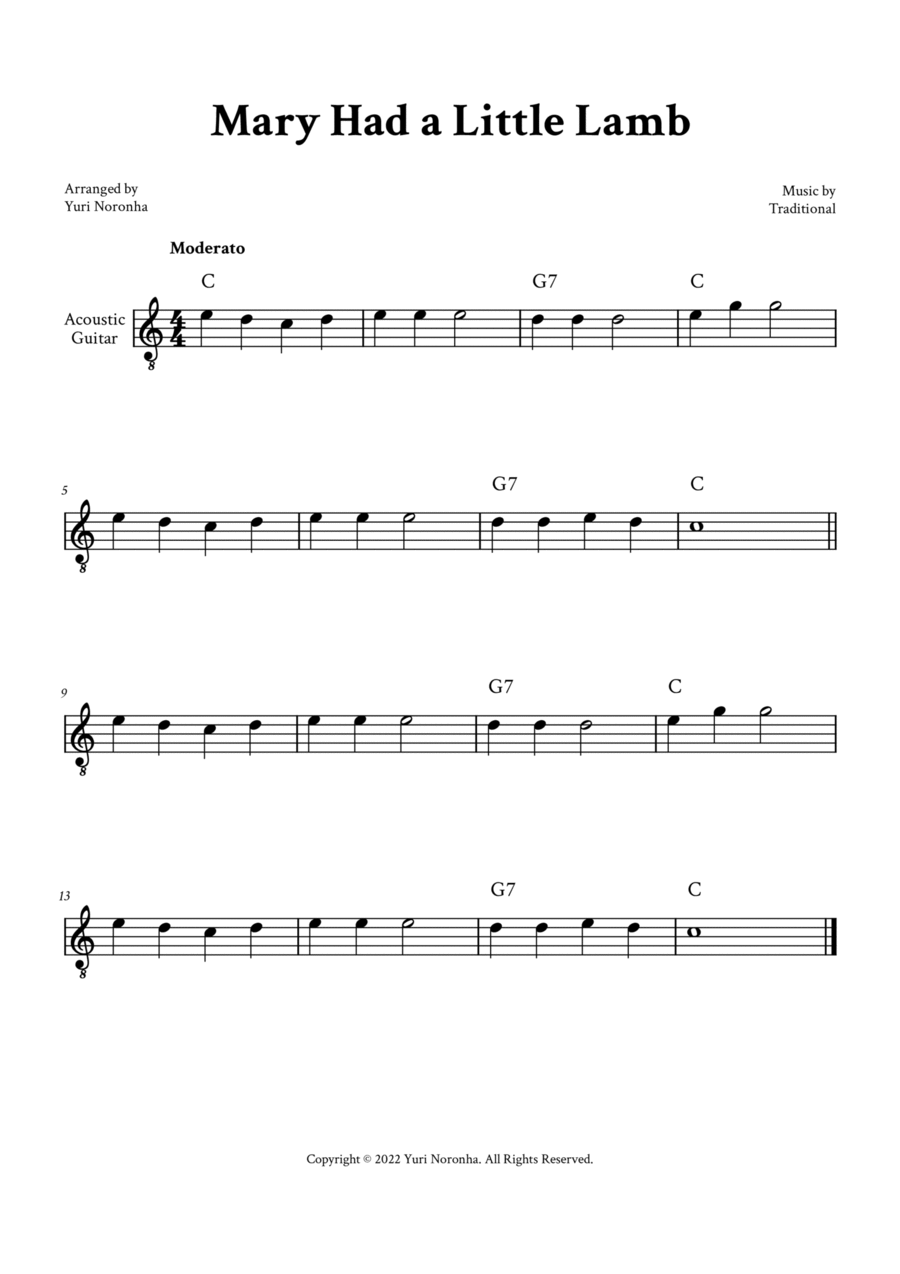 Mary Had a Little Lamb - Easy Guitar (with Chord) Acoustic Guitar scores gallery preview page 1