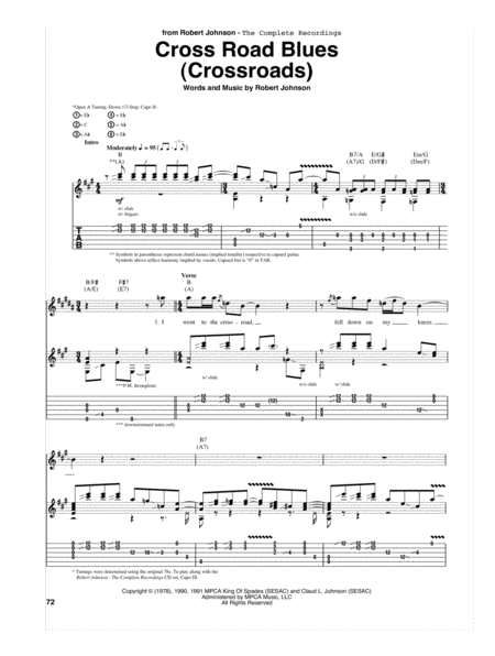 Robert Johnson Cross Road Blues Sheet Music in C Major (transposable) -  Download & Print - SKU: MN0083099