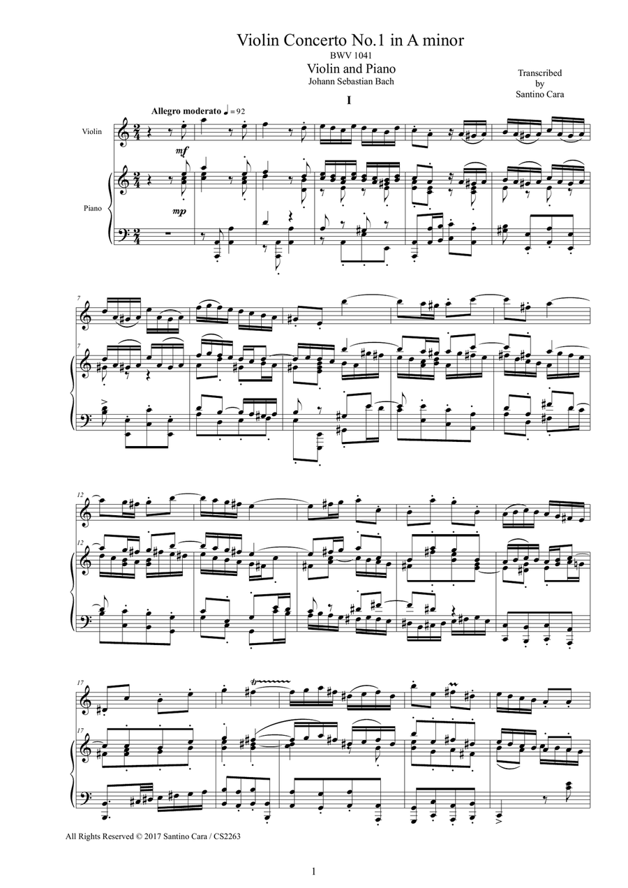 Bach - Violin Concerto No.1 in A minor BWV 1041 for Violin and Piano Violin Solo scores gallery preview page 1
