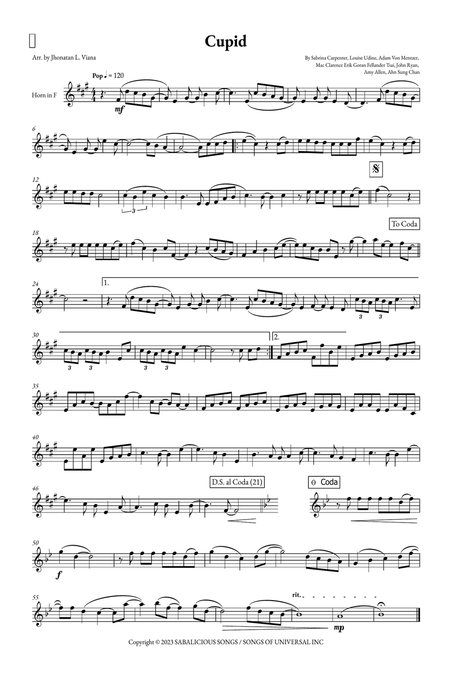 Cupid - Twin Version (Feat. Sabrina Carpenter) Horn Solo scores gallery preview page 1