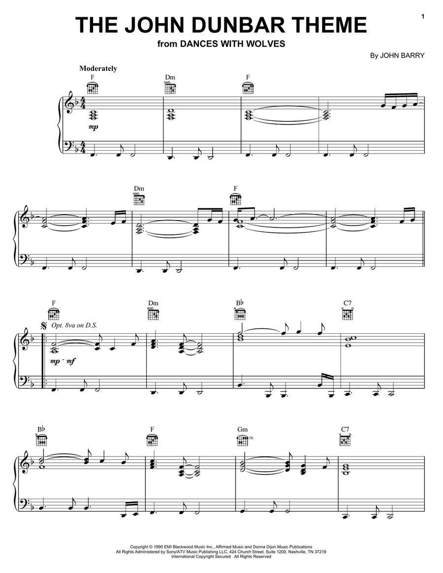 The John Dunbar Theme (from Dances With Wolves) Piano Solo scores gallery preview page 1