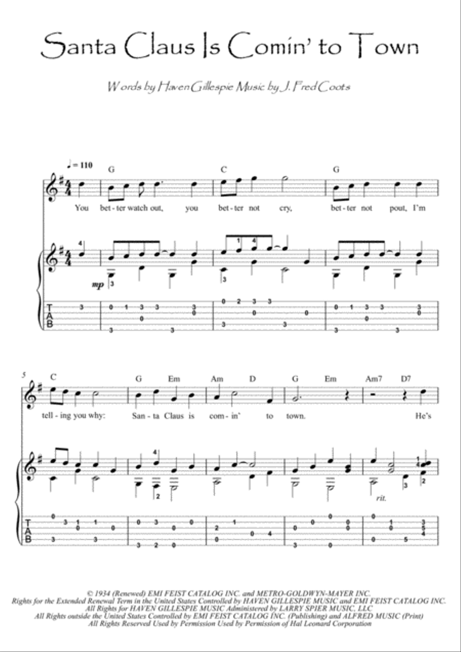 Santa Claus Is Comin' To Town by Steve Tyrell Electric Guitar - Digital Sheet Music