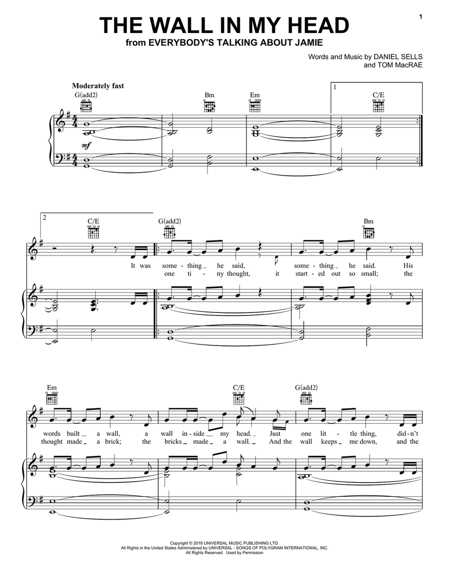 The Wall In My Head (from Everybody's Talking About Jamie) Piano, Vocal, Guitar scores gallery preview page 1