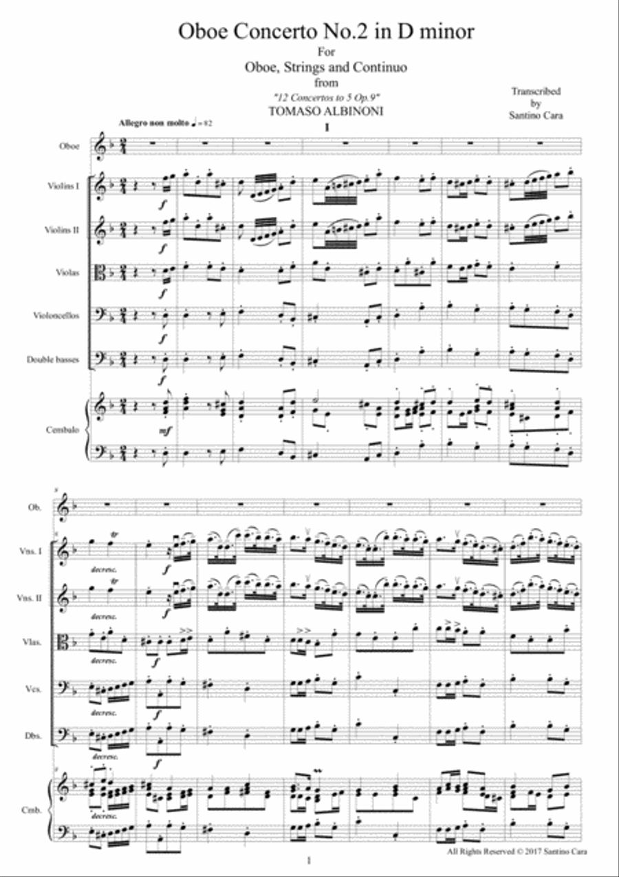 Albinoni - Oboe Concerto No.2 in D minor Op.9 for Oboe, Strings and Cembalo Chamber Orchestra scores gallery preview page 1