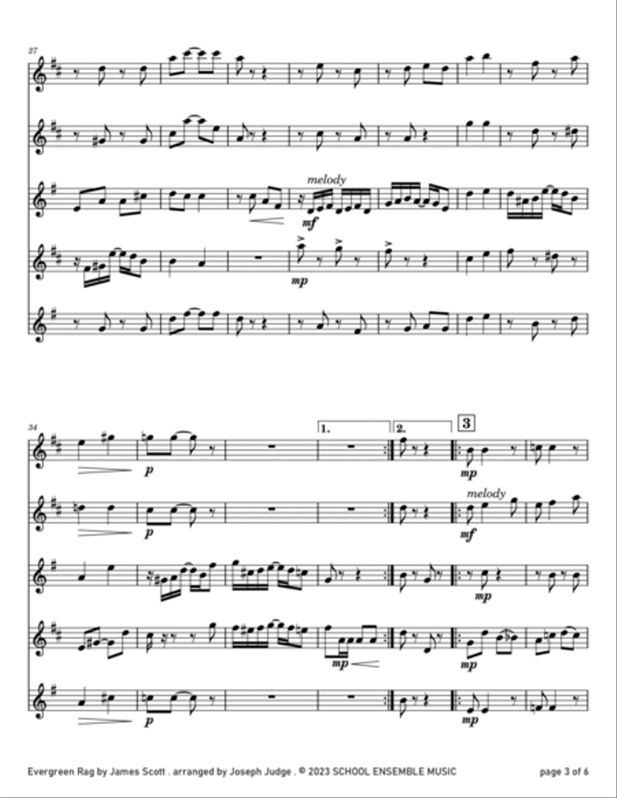 Evergreen Rag by James Scott for Saxophone Quartet in Schools Saxophone Quartet scores gallery preview page 3