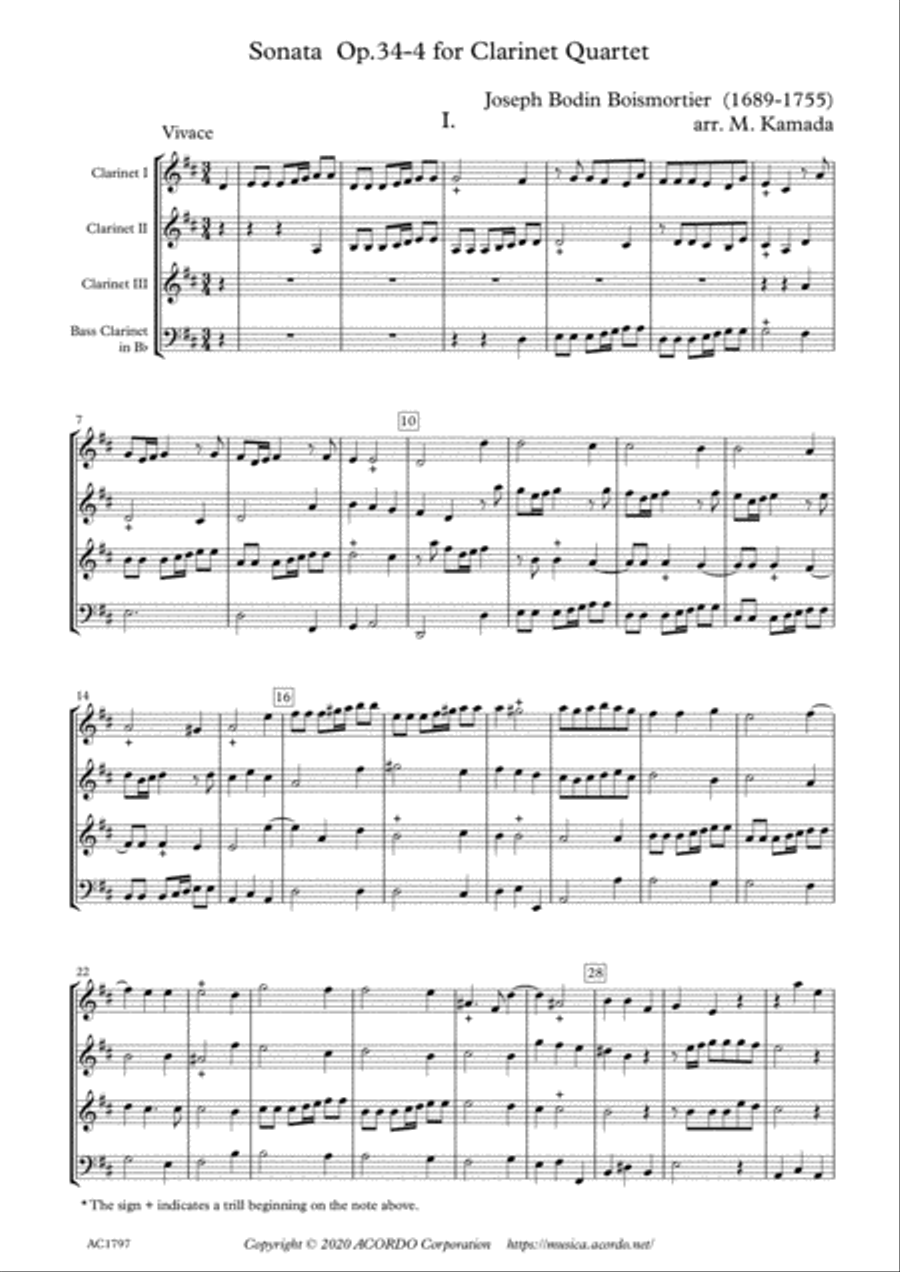 Sonata Op.34-4 for Clarinet Quartet Clarinet Quartet scores gallery preview page 1