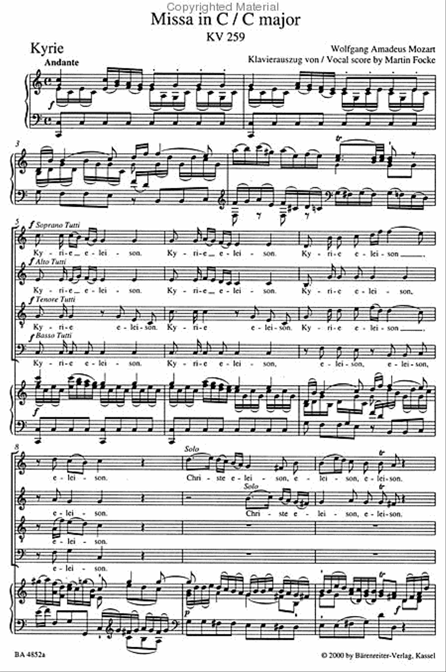 Missa C major, KV 259 'Organ Solo Mass' 4-Part scores gallery preview page 3