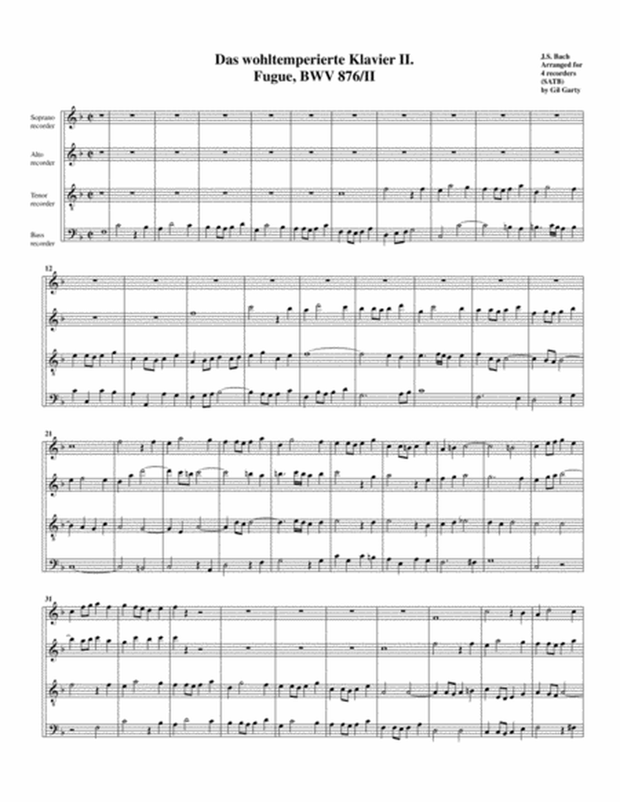 Fugue from Das wohltemperierte Klavier II, BWV 876/II (arrangement for 4 recorders)