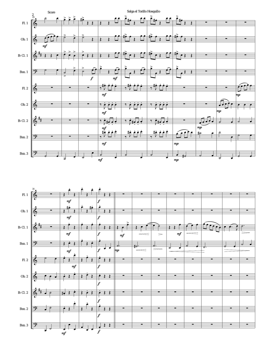 Salga el torillo hosquillo (Let the little wild bull out) arranged for wind nonet Woodwind Ensemble scores gallery preview page 2