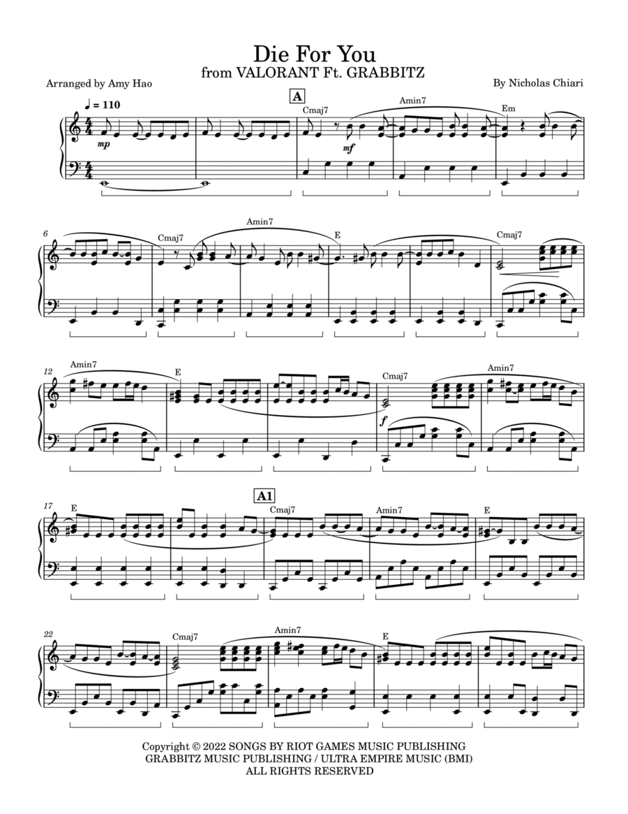 Die For You Piano Solo scores gallery preview page 1