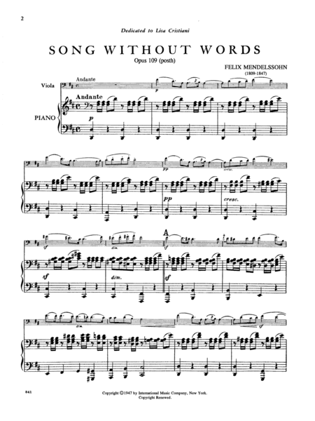 Song Without Words In D Major, Opus 109