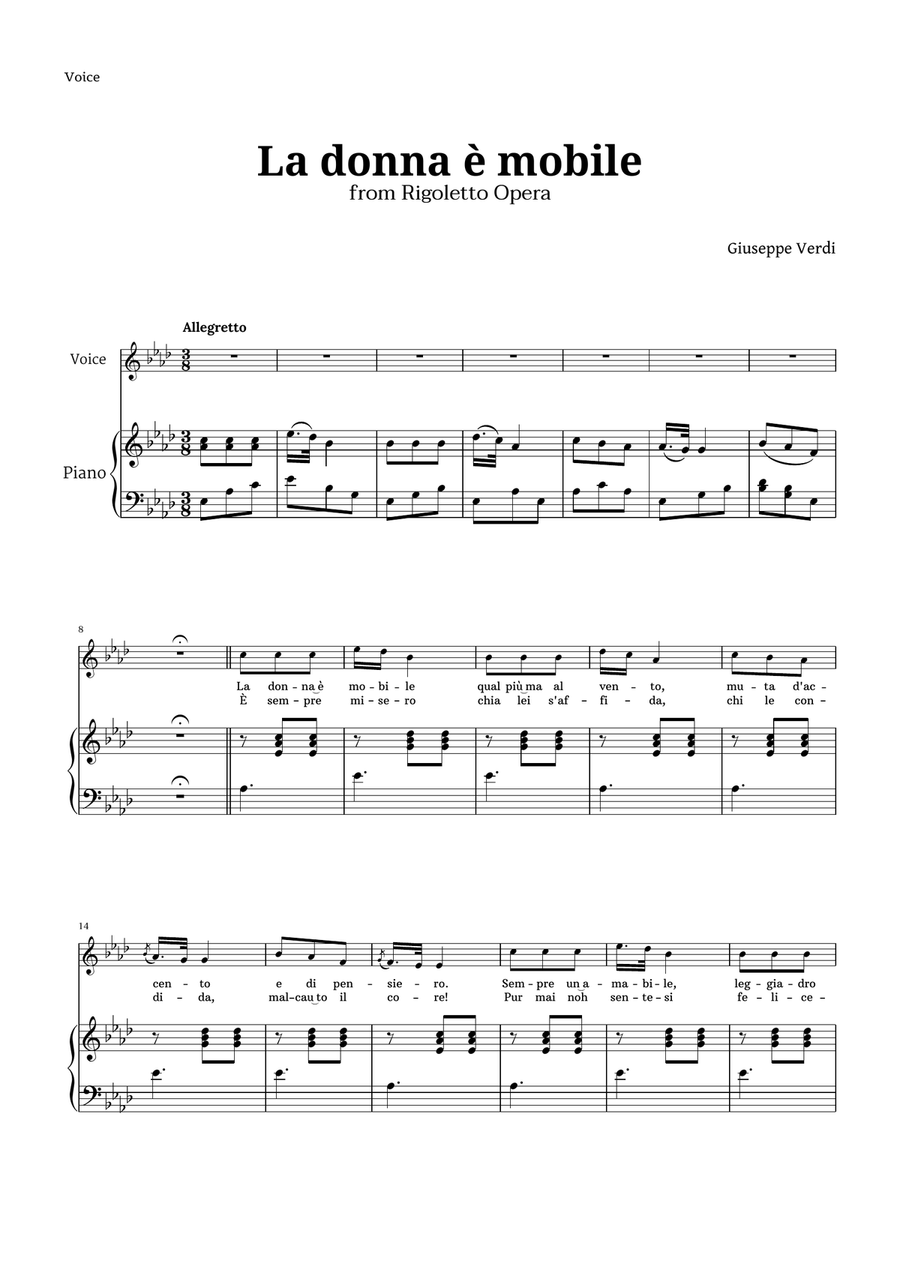 La donna è mobile in A-flat major for Voice and Piano Piano, Vocal scores gallery preview page 1