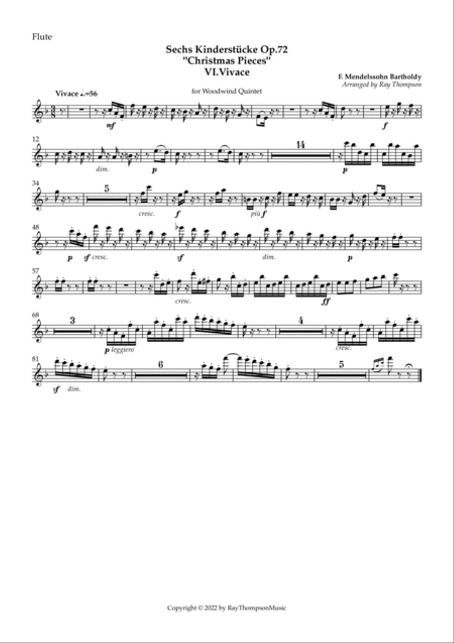 Mendelssohn: Sechs Kinderstücke (6 Christmas Pieces) Op.72 No.6 of 6 Vivace - wind quintet Woodwind Quintet scores gallery preview page 5