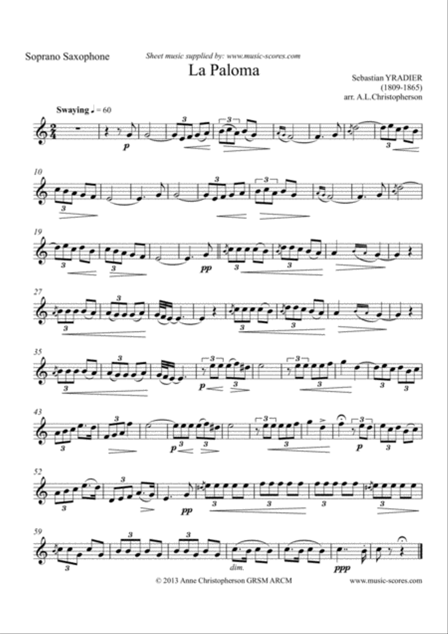 La Paloma - Soprano and Alto Saxes (or 2 Altos), Tenor Sax, Baritone Sax and Piano Woodwind Ensemble scores gallery preview page 5