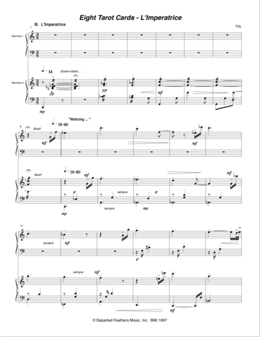 Eight Tarot Cards for Madam Rubio ... L'Imperatrice (1997) for two marimbas Small Ensemble scores gallery preview page 1