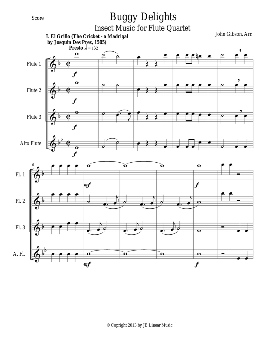 Buggy Delights, Insect Music for Flute Quartet - Score Only Flute Quartet scores gallery preview page 2