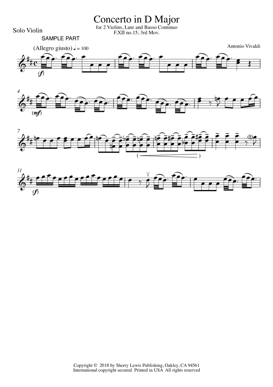 CONCERTO IN D MAJOR FOR 2 VIOLINS, LUTE AND BASSO CONTINUO, F.XII NO.15, 3rd Mov., SOLO VIOLIN Lute scores gallery preview page 1