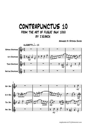 Book cover for 'Contrapunctus 10' By J.S.Bach BWV 1080 from 'The Art of the Fugue' for Saxophone Quartet.