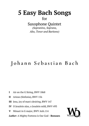 Book cover for 5 Famous Songs by Bach for Saxophone Choir Quintet