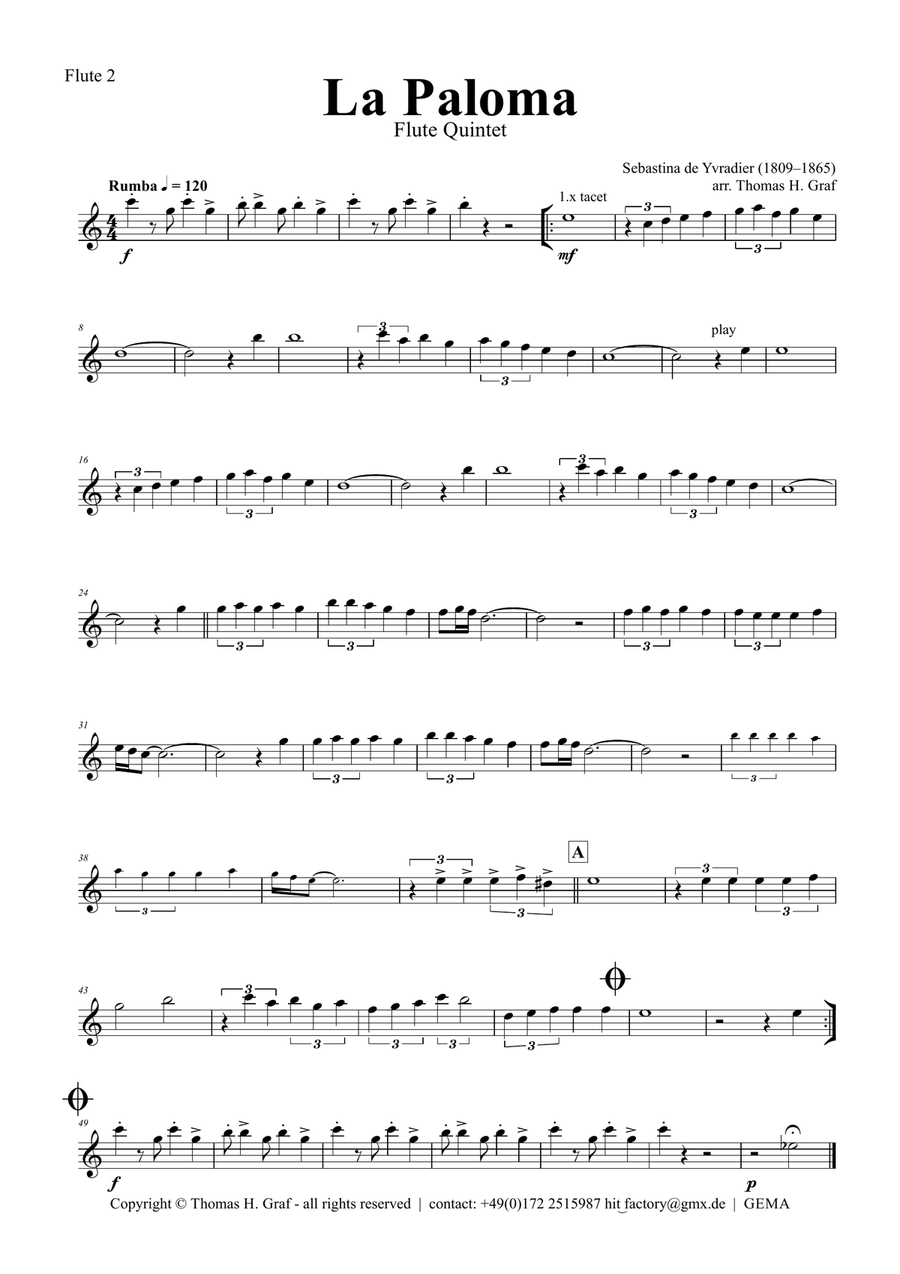 La Paloma - Spanish Habanera - Flute Quintet Woodwind Ensemble scores gallery preview page 5
