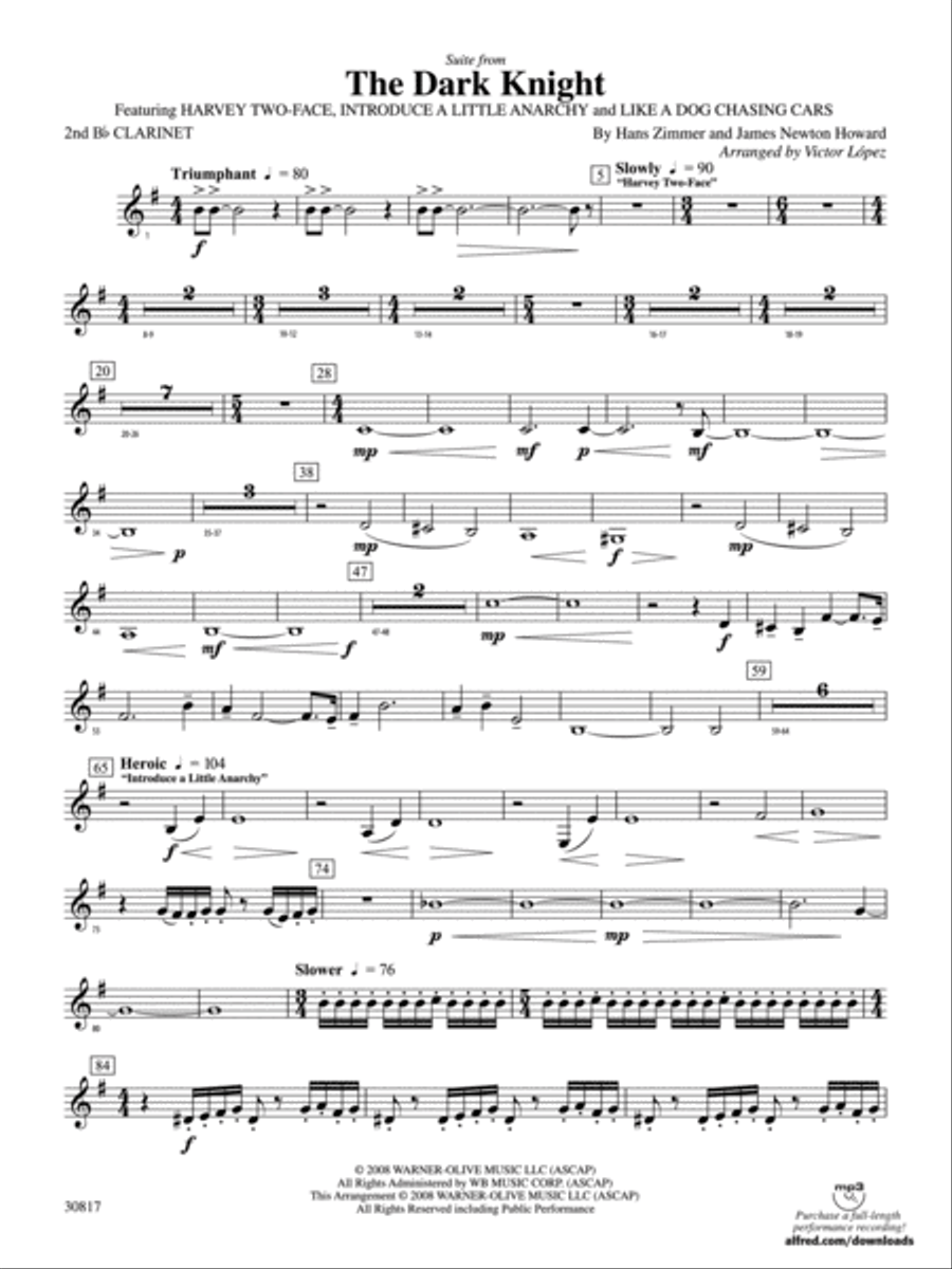 The Dark Knight, Suite from: 2nd B-flat Clarinet Concert Band scores gallery preview page 1