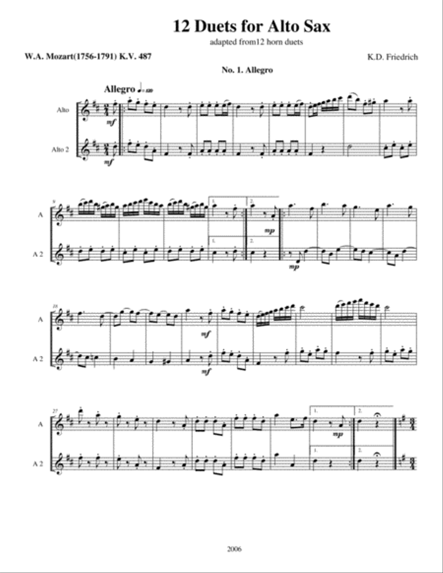 Twelve Duets for Alto Sax Woodwind Duet scores gallery preview page 1