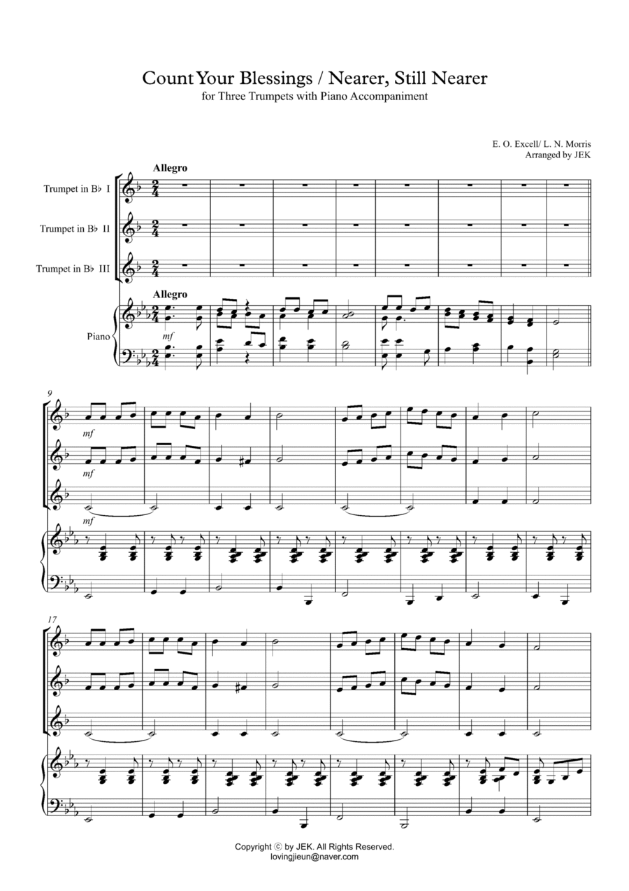 HYMN FOR TRUMPET TRIO - Count Your Blessings, Nearer Still Nearer Small Ensemble scores gallery preview page 1