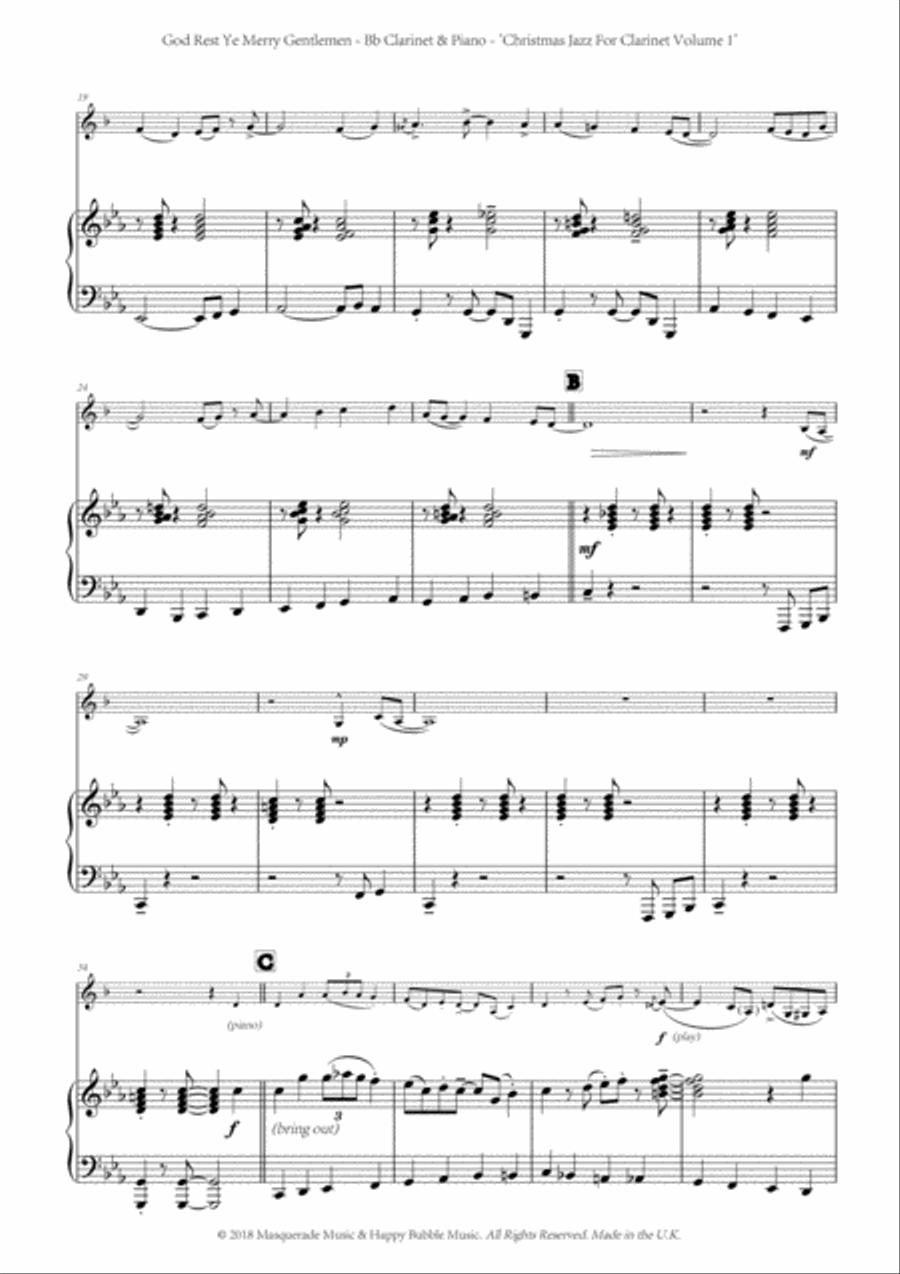 God Rest Ye Merry Gentlemen; A Funky Jazz arrangement for Bb Clarinet and Piano. Includes access to B-Flat Clarinet scores gallery preview page 2