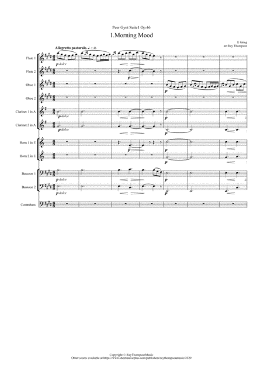 Grieg: Peer Gynt Suite No.1 Op.46 Mvt.1 Morning Mood (Original Key) - symphonic wind ensemble Large Ensemble scores gallery preview page 1